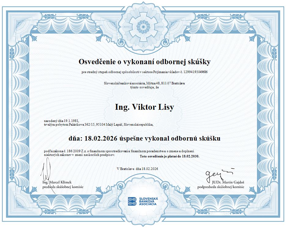 Osvedčenie SBA - Vklady